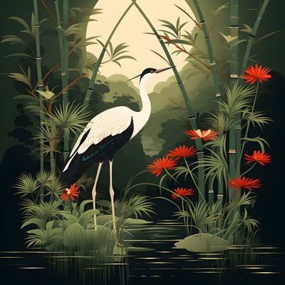 Een mooie Japanse illustratie van een kraanvogel en bamboe 1 door Kurt Heppke