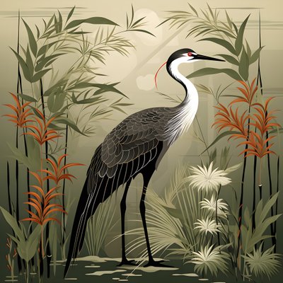 Een mooie Japanse illustratie van een kraanvogel en bamboe 3 door Kurt Heppke