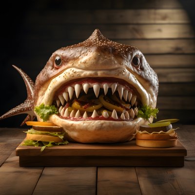 Grote haai-kop cheeseburger met rundvlees op houten bord 2 door Kurt Heppke