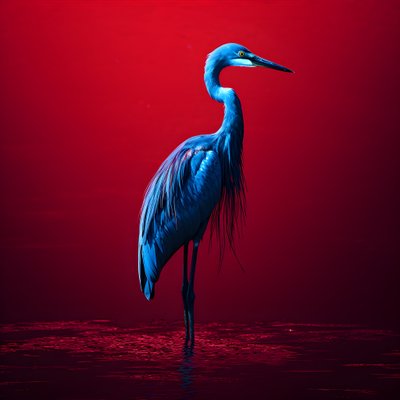 synthwave digitale kunst van een exotische kobaltblauwe reiger op rood papier 1 door Kurt Heppke