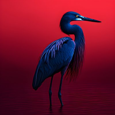 synthwave digitaal kunstwerk van een exotische kobaltblauwe reiger op rood papier 3 door Kurt Heppke