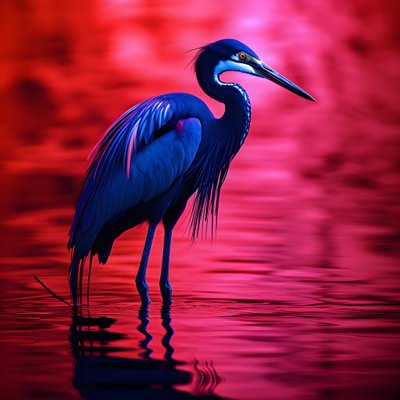 synthwave digitaal kunstwerk van een exotische kobaltblauwe reiger op rood papier 4 door Kurt Heppke