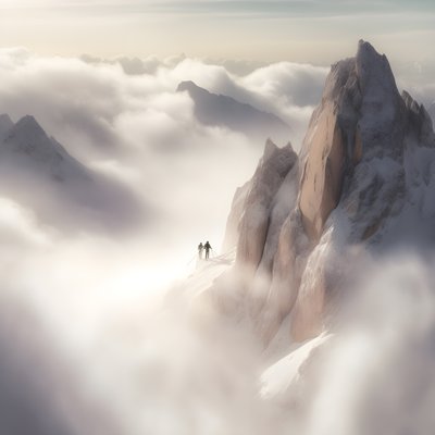 twee mensen aan het skiën boven een met wolken bedekte berg 2 door Kurt Heppke