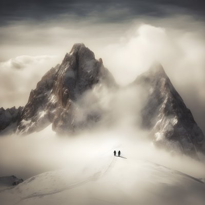 twee mensen aan het skiën boven een bewolkte berg 2 door Kurt Heppke