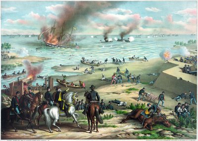 Amerikaanse Burgeroorlog (1861-1865): Slag bij Hampton Roads 8-9 maart door Kurz and Allison