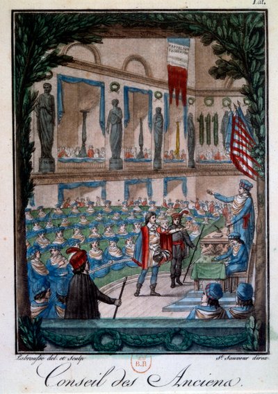 Directoire: “Le Conseil des Ancients” Gravure uit “Mors et coutumes du peuple francais”, gravure door Labrousse. 18e eeuw Parijs, B.N. door L.F. Labrousse