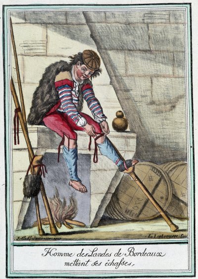 Man uit de Landes de Bordeaux die zijn stelten aantrekt - in "Encyclopédie des voyages" door J. Grasset St Sauveur, Deron, Parijs door L.F. Labrousse