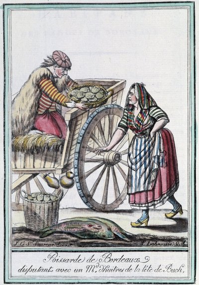 Visvrouw van Bordeaux die ruzie maakt met een oestermakelaar van de kop van Buch - in "Encyclopedie van Reizen" door J. Grasset St Sauveur, Deron, Parijs door L.F. Labrousse