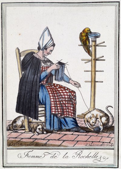 Vrouw van La Rochelle die breit met een hond, een papegaai en een kat die met de bol wol spelen door L.F. Labrousse