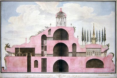 Doorsnede van een project voor een kunstmatige berg ter ere van het Festival van de Rede in een openbaar park in Bordeaux door L. Dutourd