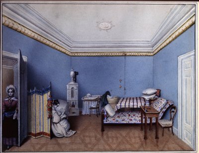 In de slaapkamer (Aquarel van L. Hern, 1835) door L. Hern