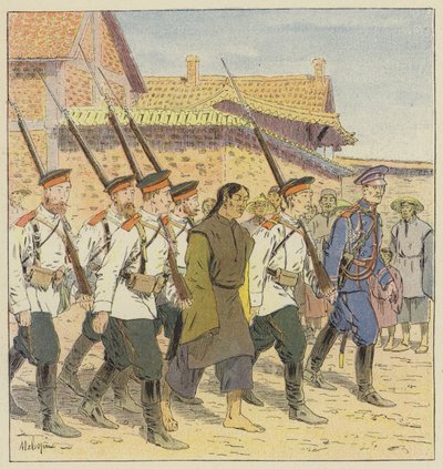 Geleiding van een Chinese spion naar het Russische hoofdkwartier door L. Malespine