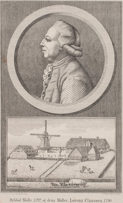 Dybbøl molen, 1792, en zijn molenaar Lorenz Claussen, 1790 door L. Nissen