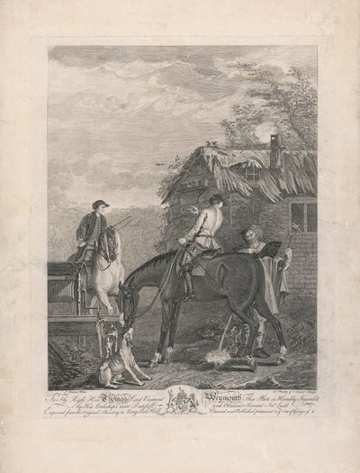 Een set van zeven, ongetiteld, elk opgedragen: Aan de Eerwaarde Thomas Lord Viscount Weymouth...van het originele schilderij in Long Leat Hall. [Centrum, een grijze gehouden door een jachtknecht, met andere paarden en honden....] door L. Truchy
