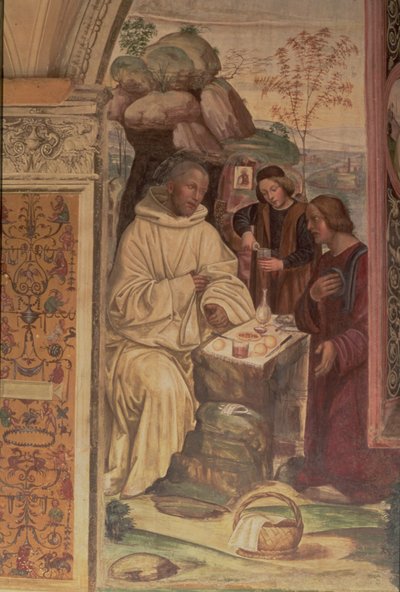 St. Benedictus tegen een landschap, uit het leven van St. Benedictus (detail) door L. and Sodoma, G. Signorelli