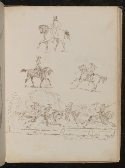 Studies van soldaten te paard, de groepsscène is voorzien van opschrift 