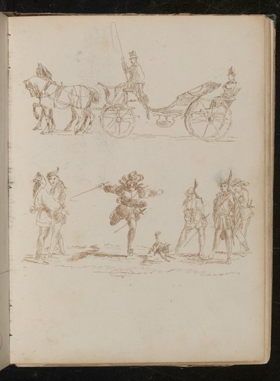 Officier in vol ornaat met hoge hoed en epauletten in een door paarden getrokken koets, studie van zes Mediterrane soldaten en een hond door Lady Butler