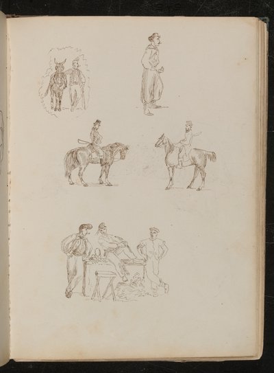 Studies van mannelijke figuren met paarden, studie van een rokende soldaat met zwaard, studie van drie fruitverkopers met kraam door Lady Butler