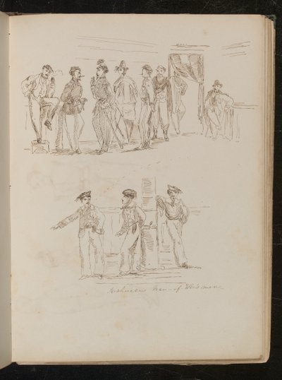 Studie van acht soldaten staand in een interieur, studie van drie Sardijnse soldaten door Lady Butler