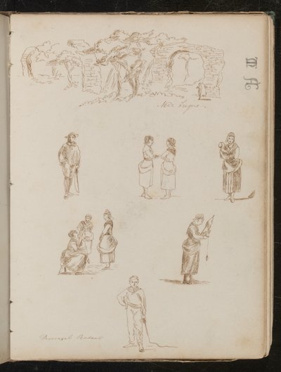 Studie van landschap met bomen en ruïnes met opschrift 
