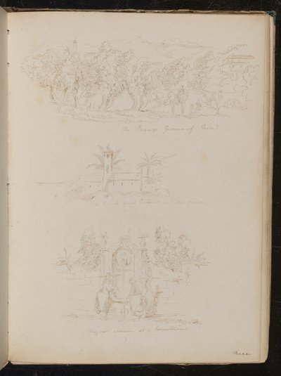 Studie van "de sinaasappeltelers van Nice", een architecturale studie van "een kerk en klooster aan de weg", een studie van "Nizzard vrouwen bij een fontein" door Lady Butler