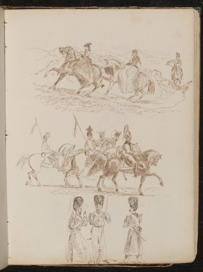 Studie van twee vrouwen en een man rijdend in heuvelachtig landschap, studie van soldaten te paard, studie van drie wachters in gesprek door Lady Butler