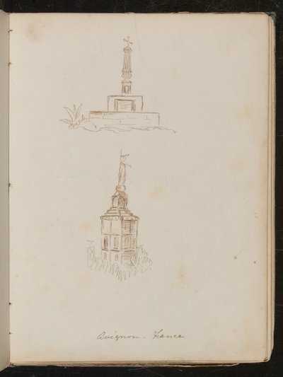 Twee architecturale studies van monumenten, locatie genoteerd als "Avignon - Frankrijk" door Lady Butler