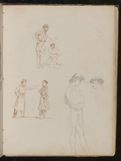 Twee penstudies van paren soldaten in gesprek, een potloodstudie van twee jonge mannen in gesprek door Lady Butler