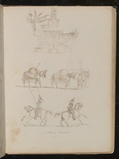 Waterfontein in gebladerte, studie van drie verbonden pakpaarden, studie van twee soldaten te paard met inscriptie "Novare Lancers" door Lady Butler