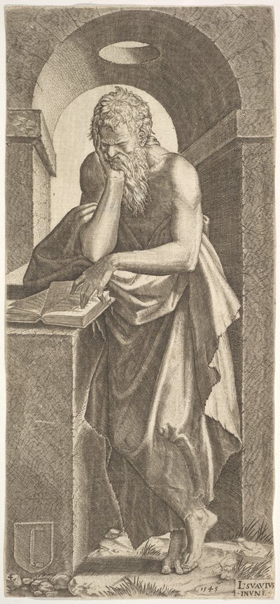 St. Simon voor een open boek met de vingers van zijn linkerhand erop gedrukt, 1545 door Lambert Suavius