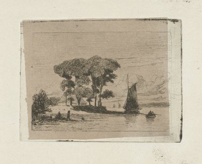 Rivierlandschap met zeilboot en bomen door Lambertus  Hardenberg
