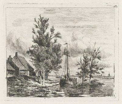 Rivierlandschap met zeilschip en boerderij door Lambertus  Hardenberg