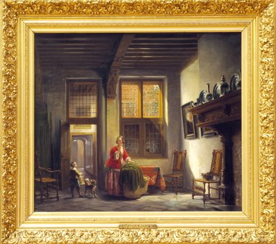 Voornaam Binnenhuis Met Vrouw En Kind Bij Een Trap door Lambertus Johannes Hansen