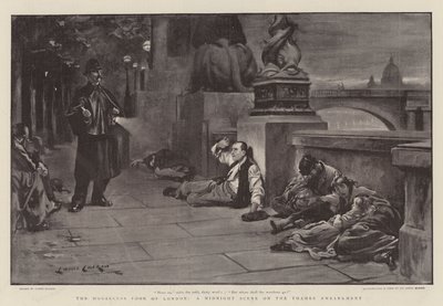 De daklozen armen van Londen, een middernachtscène op de Thames Embankment door Lance Calkin