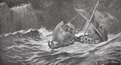 Het houtschip werd in een storm gevangen en de monniken gingen het te hulp in kleine boten door Lancelot Speed