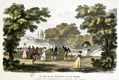 Oude spelen: het spel van racket en shuttle, voorloper van badminton, gebaseerd op een lithografie van Langlumé 19e eeuw door Langlume Langlume