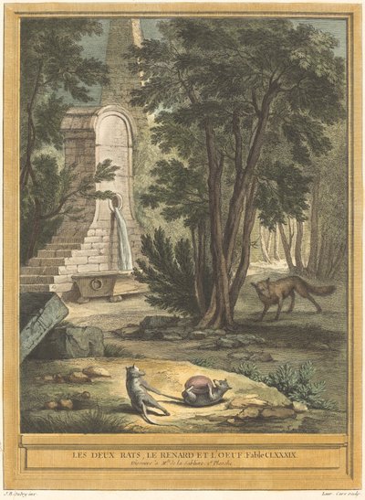 De twee ratten, de vos en het ei door Laurent Cars after Jean Baptiste Oudry
