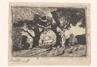 Landschap met twee grote bomen door Laurent van der Windt (signed by artist)