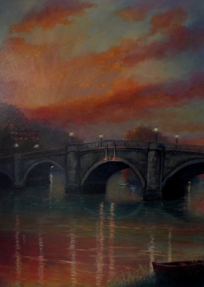 Richmond Bridge zonsondergang, 2022 (olieverf op doek) door Lee Campbell