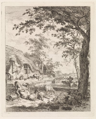 Herderin met schapen voor een boerderij Landschappen met figuren (serie) door Leendert Overbeek
