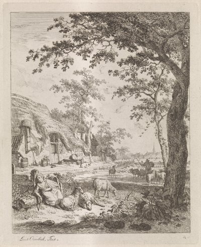 Herderin met schapen voor een boerderij Landschappen met figuren door Leendert Overbeek