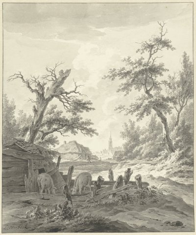 Landschap met op de voorgrond een varkenskot door Leendert Overbeek