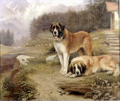 Twee Sint-Bernards in een Alpenlandschap door Leghe Suthers