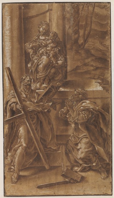 Madonna met kind en apostel Andreas (links) en de heilige Judas (rechts) door Lelio Orsi