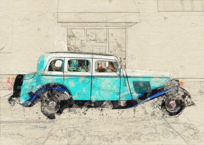 Schets van een klassieke blauwe auto door Lembayung senja studio [Vintage Poster]
