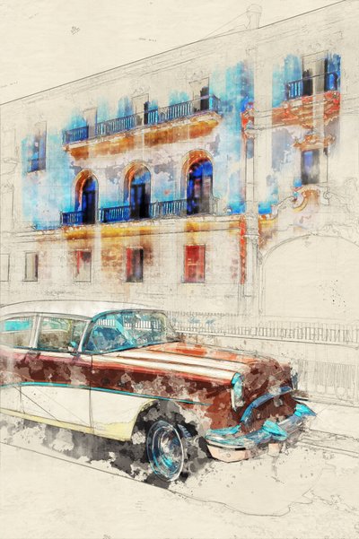 Schets van een klassieke auto in Havana door Lembayung senja studio [Vintage Poster]