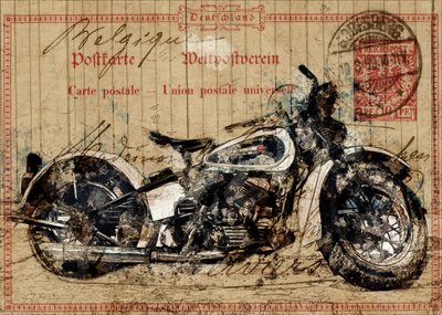 Vintage motorfiets-ansichtkaart door Lembayung senja studio [Vintage Poster]