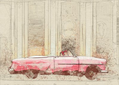 Schets van een vintage roze cabriolet door Lembayung senja studio [Vintage Poster]