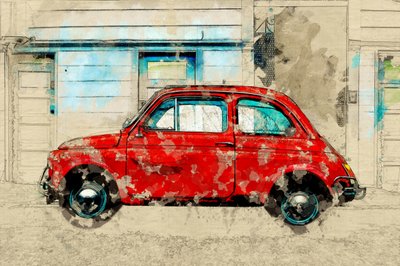 Vintage rode auto op straat door Lembayung senja studio [Vintage Poster]