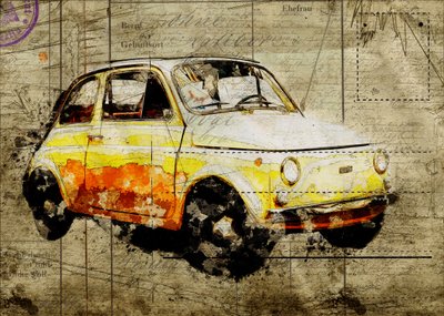 Vintage gele Fiat 500 door Lembayung senja studio [Vintage Poster]